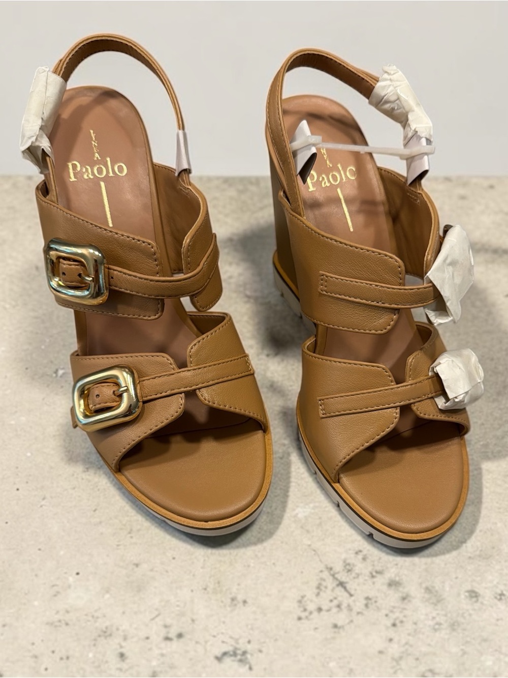 Paolo Cognac Brown Leather Buckle Wedge Sandals